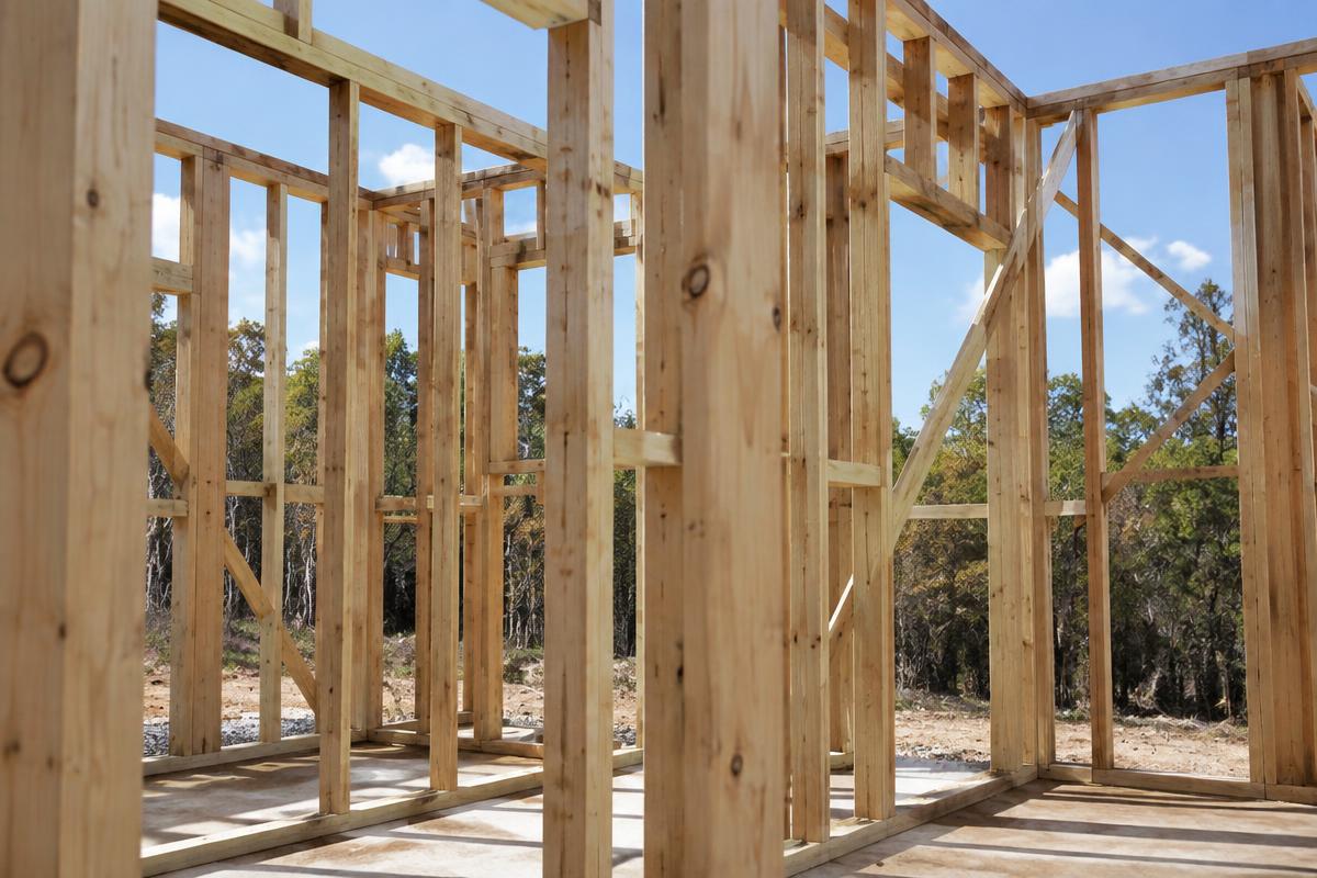 Unfinished residential timber wall framing in natural daylight